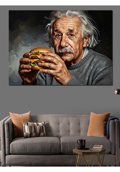 Hamburger Yiyen Bilim İnsanı Einstein Dekoratif Kanvas - Mdf Ahşap Tablo