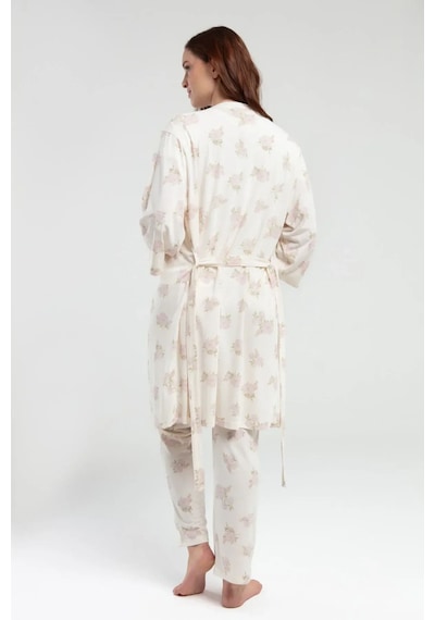 Pierre Cardin 9009 Hamile Lohusa Sabahlıklı Kısa Kollu Pijama Takımı - Krem