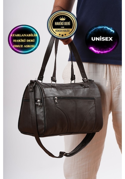 Unisex Hakiki Deri Kahverengi Silindir Model El Ve Omuz Çantası Kahverengi