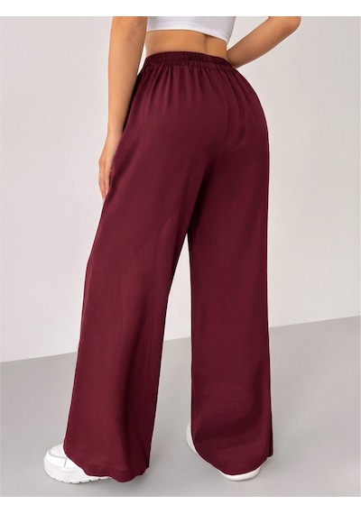 Genius Store Kadın Pantolon Scuba Krep Kumaş Beli Lastikli Cepli Pileli Geniş Paça Palazzo Pantolon Scuba-crep Bordo