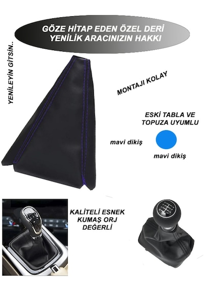 Fıat Palıo Uyumlu Oto,araba Vites Körügü Siyah Deri Mavi Dikiş