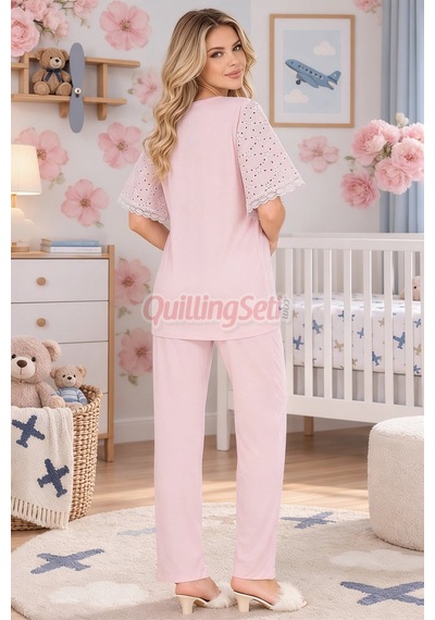 Lady Bebe Pembe Renkli Dantel Detaylı 33207 Kısa Kol 2 Parça Lohusa Hamile Pijama Takımı Açık Pembe