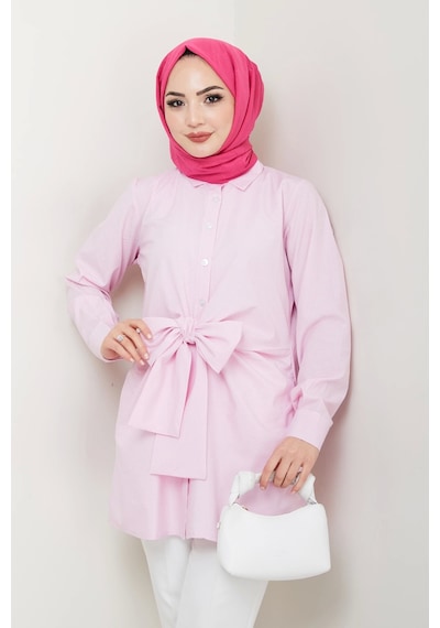 Çizgili Poplin Bağlamalı Gömlek - Pudra / Ü103 Pudra
