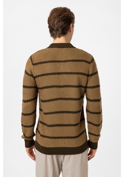 Back&bond Bej Regular Fit Çizgili Yünlü Polo Yaka Triko Kazak Camel