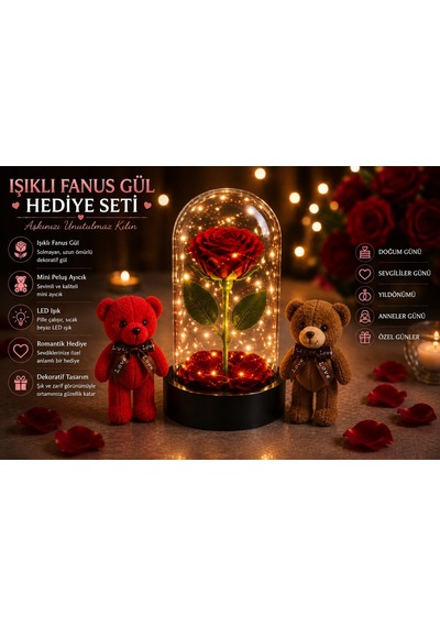 Led Işıklı Mika Fanus Solmayan Yapay Kırmızı Gül & 2 Mini Peluş Ayıcık Sevgiliye Romantik Hediye Set