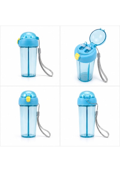 Heydiye Mâbeyn İkili Suluk 550 Ml Tritan Bpa-bps Free Matara, Çift Hazneli, Çift İçim Kapaklı, Bilek Ve Boyun Askılı, Sticker & 3d Figür Hediyeli Açık Mavi