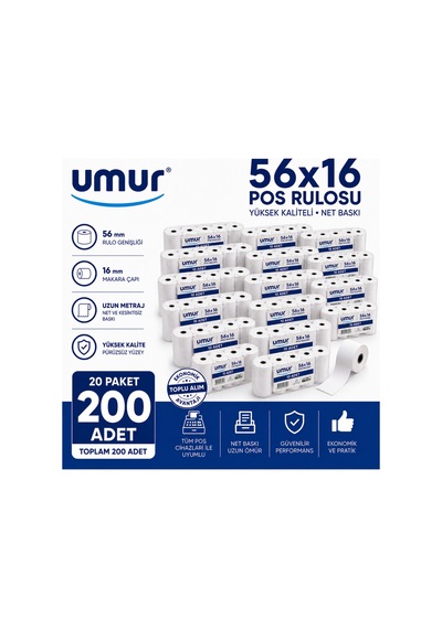 56x16 Pos Rulosu Net Baskı Yüksek Kalite Pos Cihazlarına Uyumlu 20 Paket 200 Adet