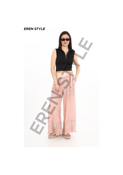 Eren Style İtalyan Fisto Paça Detaylı Keten Pantolon-9893 Pudra