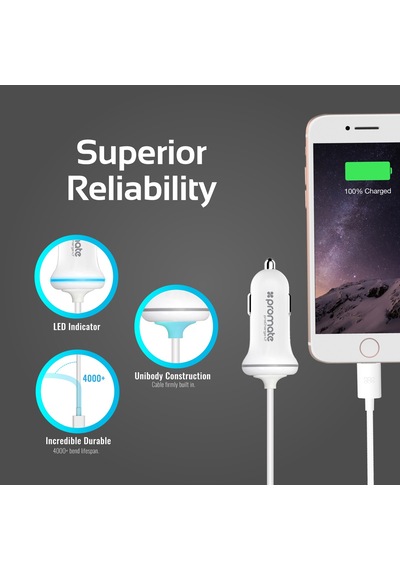 Promate Iphone Lightning Araç Çakmak Şarj Cihazı MFI Onaylı Beyaz