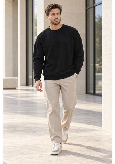 Polo State Erkek Bisiklet Yaka Oversize Dikiş Detaylı Basic Sweatshirt - Siyah