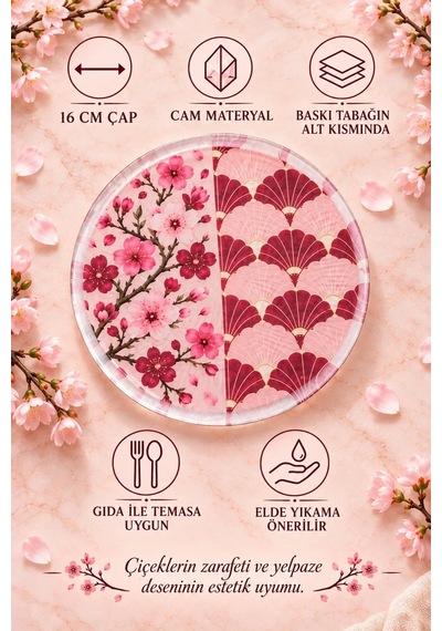 6 Lı Cam Tatlı Tabağı Kiraz Çiçeği & Japon Yelpaze Desenli 16 Cm 6 Adet Pasta Tabak Kırmızı