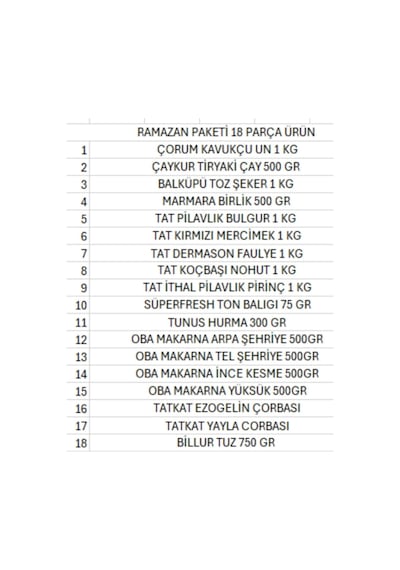 Ramazan Paketi Kumanya Yardım Gıda Erzak Kolisi 18 Parça Ürün Ekonomik Paket