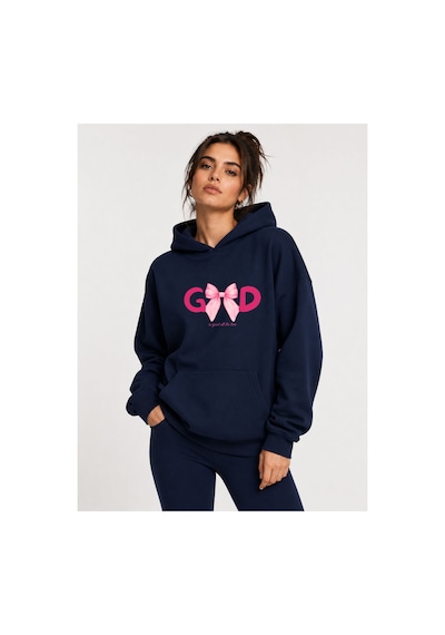 Herkesemoda Good Kurdele Baskılı Kapüşonlu 2 İplik Şardonlu Sweatshirt Lacivert
