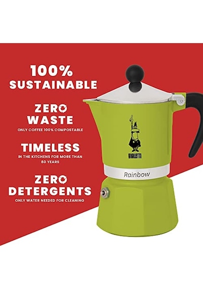 Bialetti - Rainbow: 3 Cups Ocak Üstü Espresso Pişirici - 130ml - Yeşil Renk - Alüminyum Gövde - Patentli Güvenlik Valfi - Tüm Ocak Türleri İçin Uygundur İndüksiyon Hariç Enerji Sınıfı A+