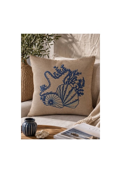 Punch Nakışlı Kırlent Kılıfı 45x45 Cm Kırlangıç Home Çapa Çiçek Desenli Bej-deniz Kabuğu
