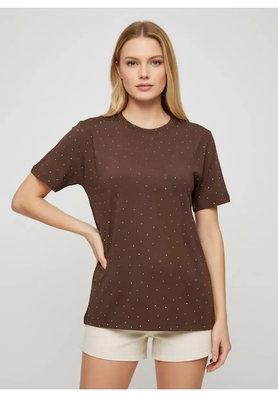 Park Karon 26047 Pamuk Kadın Bisiklet Yaka Taş İşleme Oversize Penye Bluz Kahve