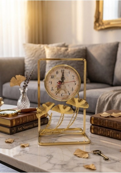 Gold Metal Çerçeveli Paris Manzaralı Ginkgo Yapraklı Dekoratif Masa Üstü Saat Ve Biblo 24x16 Cm Saat Seçeneği-Saatli