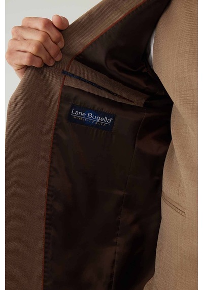 Erkek Bej Slim Fit Yelekli Sivri Yaka Takım Elbise
