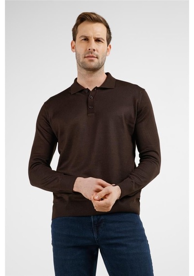 İmza Kahverengi Polo Yaka Cepsiz Comfort Fit Classic Pamuklu Triko Kazak 1012255155 Kahverengi