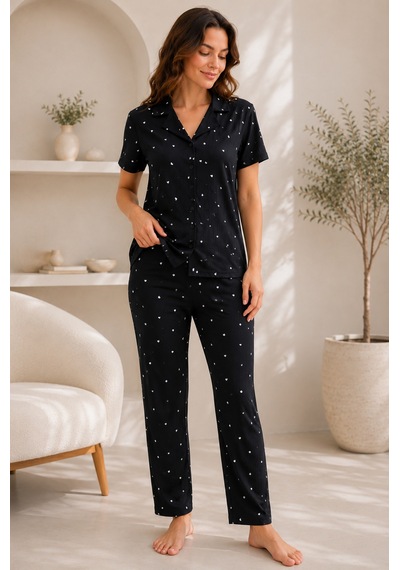 Wordex Mirano 9508 Minik Kalpli Desenli Pegasus Kumaş Düğmeli Kısa Kolu Kadın Pijama Takımı Siyah Wordex Mirano 9508 Minik Kalpli Desenli Pegasus Kumaş Düğmeli Kısa Kolu Kadın Pijama Takımı Siyah