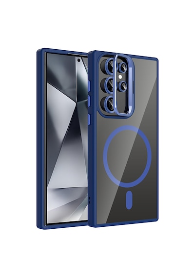 Galaxy Uyumlu S24 Ultra Kılıf Standlı + Kamera Lens Koruma Setli M-safe Şarj Özellikli Mkst Lacivert Lacivert