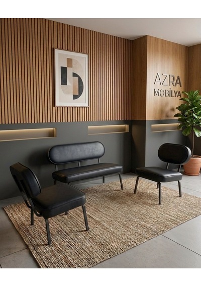 Luna 2+1+1 Deri Kumaş Ofis & Büro İş Yeri Bekleme Koltuğu Takımı Siyah Metal İskelet - Siyah