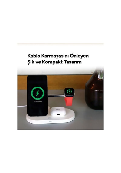 Ttec Aircharger Quattro M Magsafe Uyumlu iPhone - Apple Watch - Airpods LED Kablosuz Hızlı Şarj Standı Beyaz