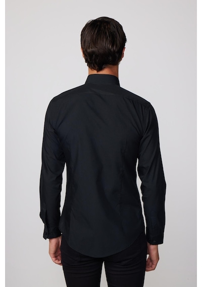Tudors Slim Fit Arkadan Pensli Önden Kulplu Düz Trend Siyah Erkek Gömlek-28230-siyah Siyah