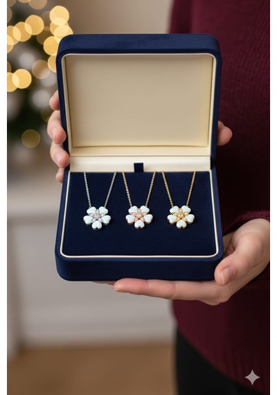 925 Ayar Papatya Silver Beyaz Kalp Opal Yasemin Çiçeği Kolye.rose.gold.rodaj Gümüş
