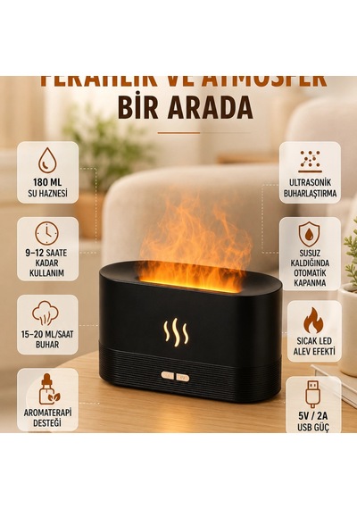 180 Ml Alev Efektli Aroma Difüzörü Ultrasonik Buharlı Aromaterapi Cihazı