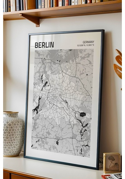 Berlin Almanya Germany Haritası Çerçeveli Tablo Lüks Salon Ofis Duvar Dekorasyonu Hediyelik Tablo