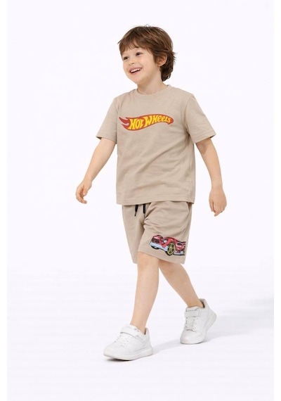 Miniko Kids Erkek Çocuk Hot Wheels Modelli Pamuk Şortlu Takım Bej
