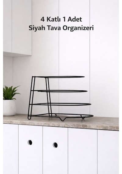 Karteya 4 Katlı Bölmeli Metal Organizer Tava Rafı Siyah Mutfak Düzenleyici Siyah