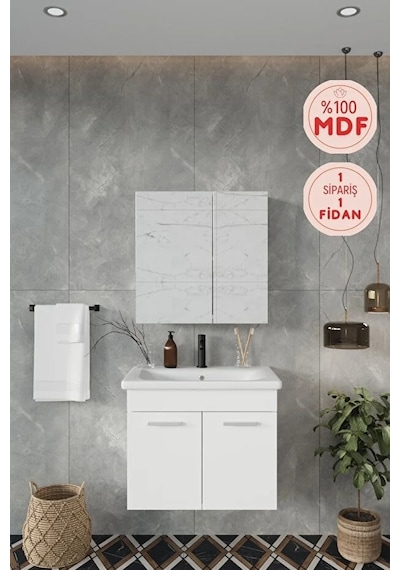 Banyo Defne 65 Cm Demonte Banyo Dolabı Aynalı Dolaplı Üst Dolap Lavabo Beyaz