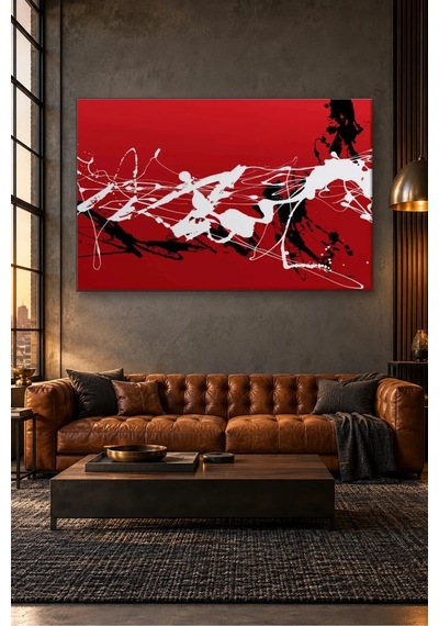 Fida Kırmızı Zeminde Beyaz Ve Siyah Damlatma Canvas Tablo