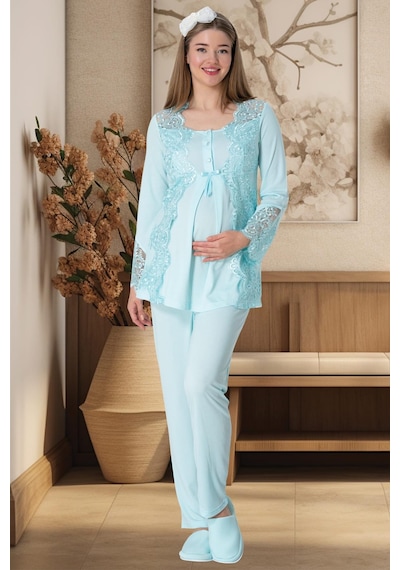 Mecit Pijama Mecit 5353 Turkuaz Sabahlıklı Lohusa Pijama Takımı