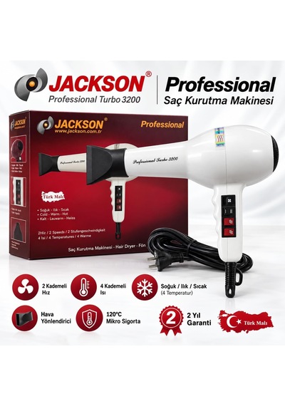 Tr Jackson Professional Turbo 3200 Profesyonel Saç Kurutma Makinesi 2 Hız 4 Isı Kademesi Soğuk Hava Başlıklı
