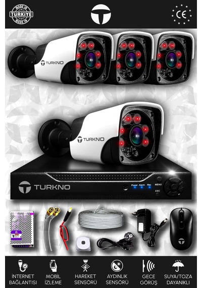 Turkno 4 Kameralı Pania 4 Dış Kamera Set HDD'siz Full HD Gece Görüşlü Güvenlik Kamerası Sistemi