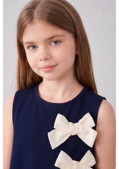 Fesshera Kids Kız Çocuk %100 Pamuk Double Crep Elbise Fiyonk Detaylı Sıfır Kollu Düğme Kapamalı Özel Gün Elbisesi Lacivert