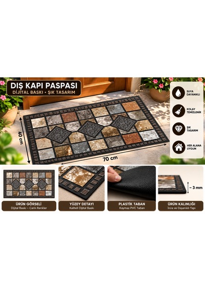 Dekoratif Dış Kapı Paspası Dijital Baskılı, Kaymaz Pvc Plastik Tabanlı, Şık Desenli Kapı Önü Paspası 40x70 Cm Çok renkli