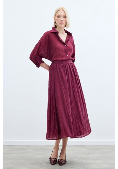 Sateen Kraşlı Kloş Etek - Bordo-136222 Bordo