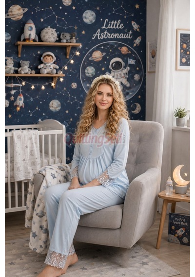 Lady Dantel Detaylı 33204 Uzun Kol 2 Parça Lohusa Hamile Pijama TakımıBebe Mavi Renkli