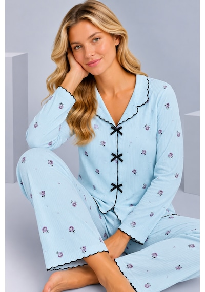 Pijamask Kadın Desenli Fiyonk Detaylı Düğmeli Uzun Kollu Müslin Pijama Takımı Bebe Mavisi Pijamask Kadın Desenli Fiyonk Detaylı Düğmeli Uzun Kollu Müslin Pijama Takımı Bebe Mavisi