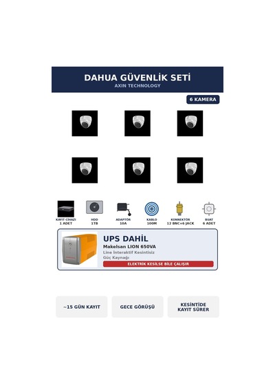 Dahua 6 Kameralı 2mp Ups'li Güvenlik Kamera Seti Sesli Gece Görüşlü Dome İç Mekan 1tb 15 Gün Kayıt