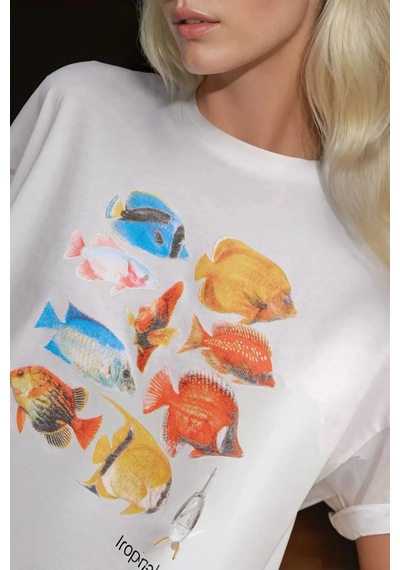 Hiccup Kadın %100 Pamuk Bisiklet Yaka Oversize Beyaz Baskılı T-shirt