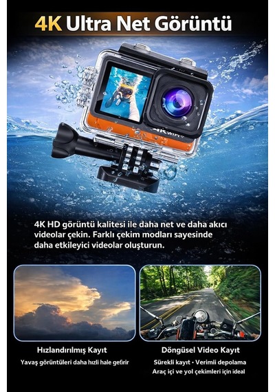4k 60fps Aksiyon Kamerası, Ultra Hd Wifi Su Geçirmez Spor Kamera, 2 İnç Dokunmatik Ekran, Eıs Titreşim Engelleme, 30 Metre Suya Dayanıklı 5 Metre Siyah