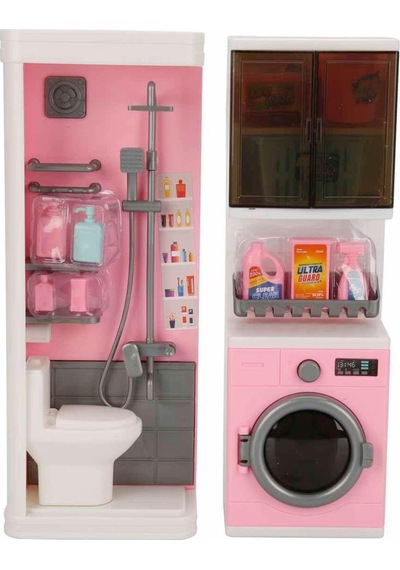 2'li Banyo Setim Kapakları Açılan Çamaşır Makineli Duşakabinli Ve Temizlik Malzemeli Oyuncak Seti 1