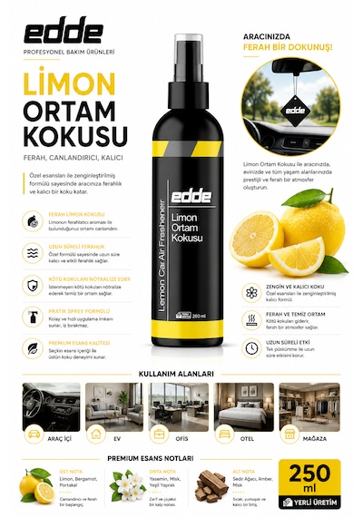 Edde Limon Kokulu Araba Araç Oto Ortam Kokusu Araç Içi Kokuları Oto Parfümü 250 Ml Oto Detailing 250ml