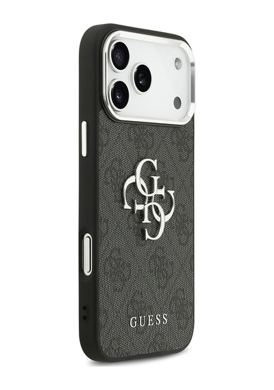Apple Uyumlu iPhone 17 Pro Max Kılıf Guess Lisanslı Gümüş Kamera Çerçeveli 4g Desen Büyük 4g Ve Yazı Logolu Siyah Siyah