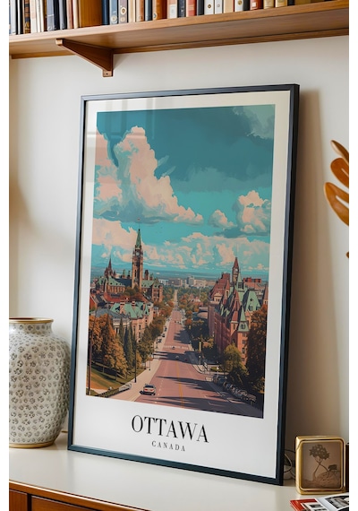 Ottawa Canada Vintage Seyahat Posteri Çerçeveli Tablo - Premium Kanada Şehir Elit Duvar Dekoru Siyah